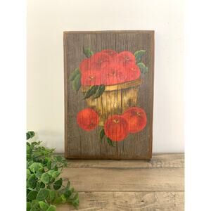 Vintage 1971 Hand-Painted Wooden Painting Apples in Basket Rustic Farmhouse Art